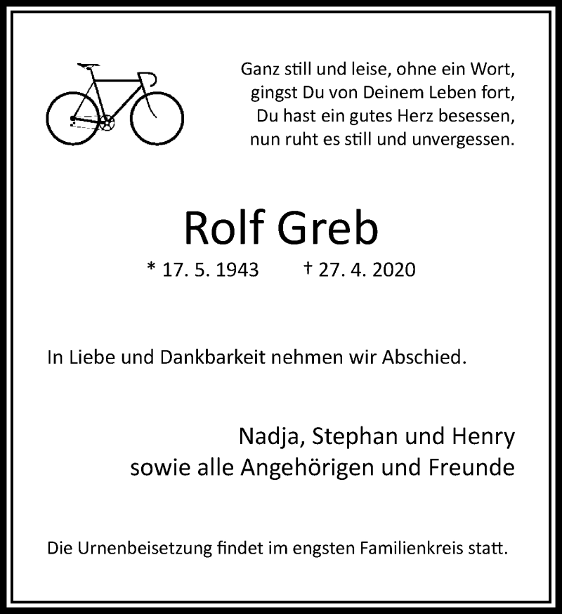 Traueranzeige für Rolf Greb vom 02.05.2020 aus RMZ