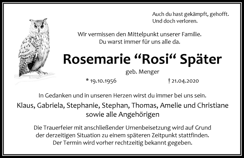  Traueranzeige für Rosemarie Später vom 02.05.2020 aus RMZ