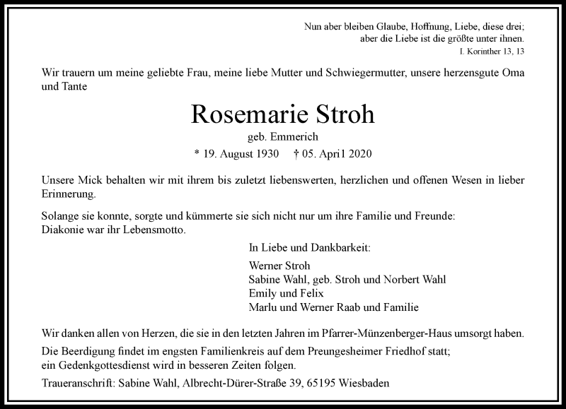  Traueranzeige für Rosemarie Stroh vom 09.04.2020 aus RMZ