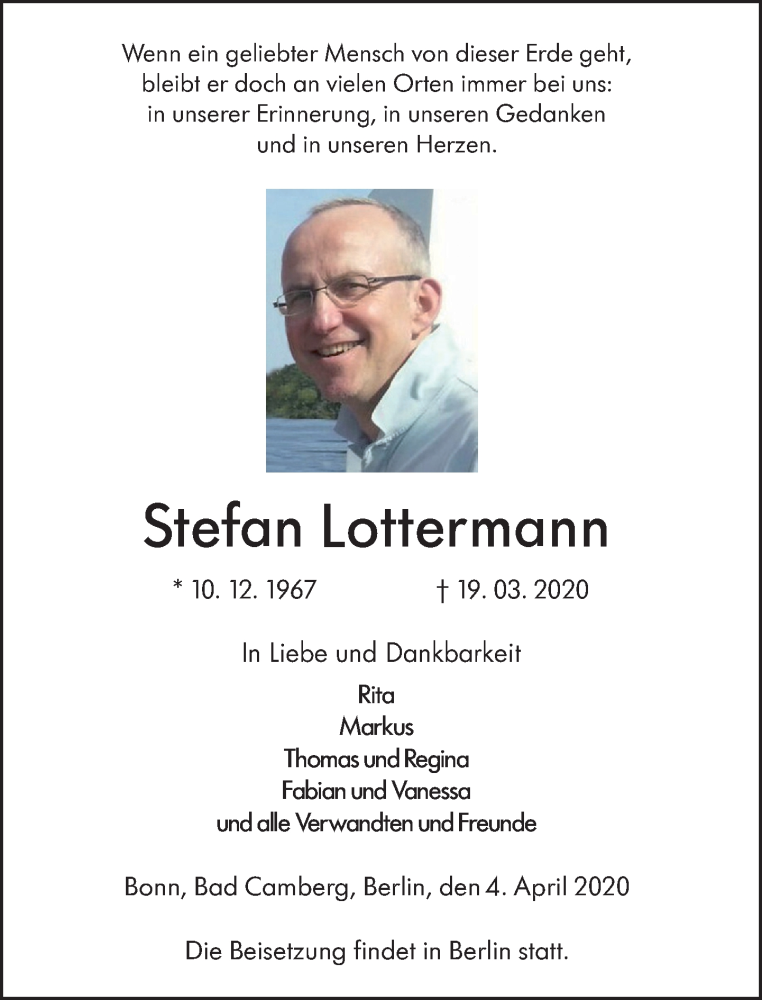  Traueranzeige für Stefan Lottermann vom 04.04.2020 aus RMZ