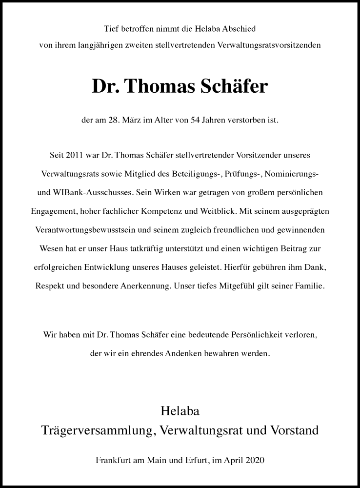  Traueranzeige für Thomas Schäfer vom 04.04.2020 aus RMZ
