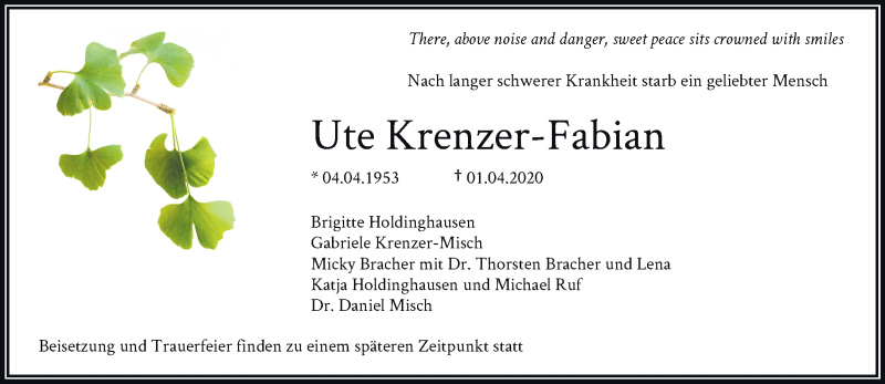  Traueranzeige für Ute Krenzer-Fabian vom 04.04.2020 aus RMZ