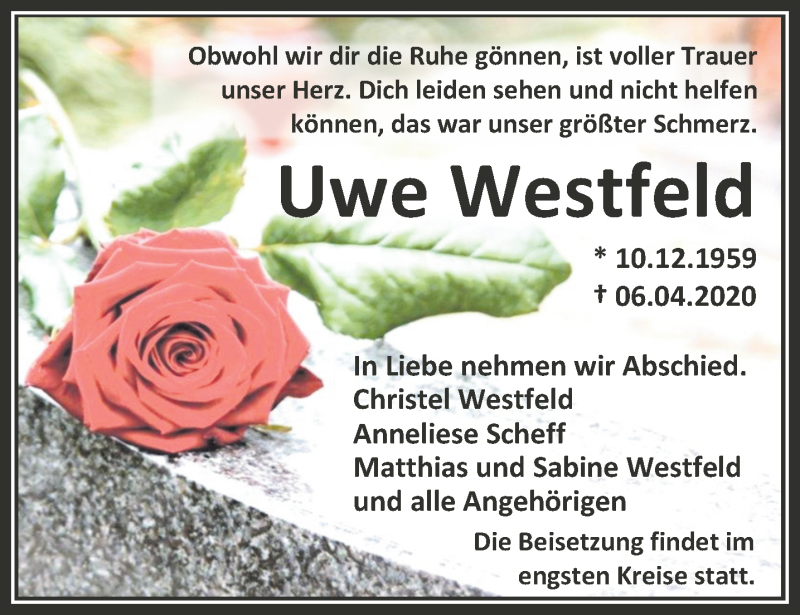  Traueranzeige für Uwe Westfeld vom 18.04.2020 aus RMZ