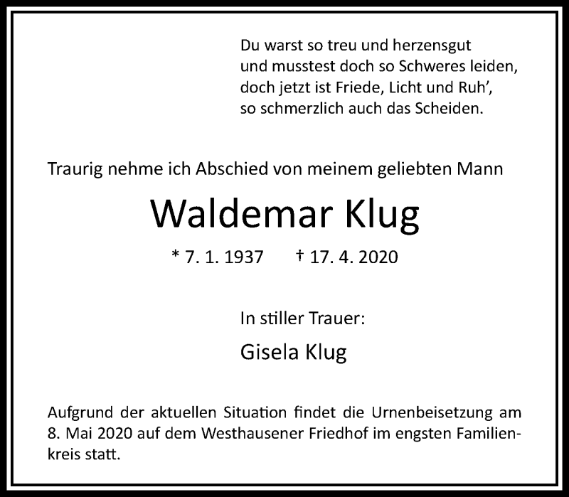  Traueranzeige für Waldemar Klug vom 02.05.2020 aus RMZ