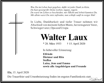 Traueranzeige von Walter Laux von RMZ