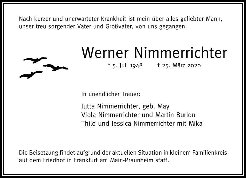 Traueranzeige für Werner Nimmerrichter vom 04.04.2020 aus RMZ