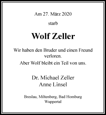 Traueranzeige von Wolf Zeller von RMZ