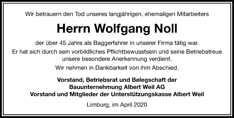  Traueranzeige für Wolfgang Noll vom 11.04.2020 aus RMZ