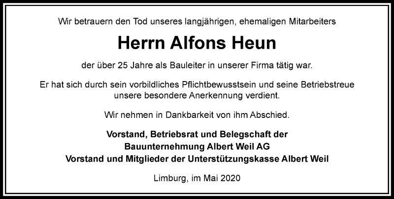  Traueranzeige für Alfons Heun vom 22.05.2020 aus RMZ