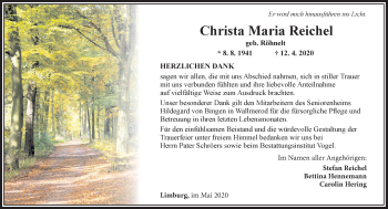 Traueranzeige von Christa Maria Reichel von RMZ