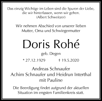Traueranzeige von Doris Rohé von RMZ