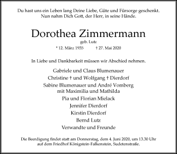 Traueranzeige von Dorothea Zimmermann von RMZ