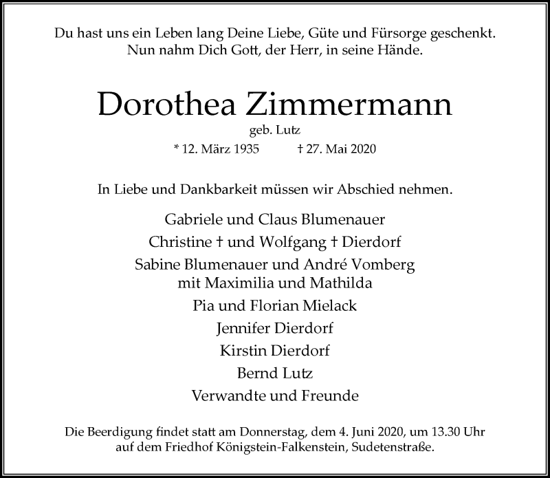  Traueranzeige für Dorothea Zimmermann vom 02.06.2020 aus RMZ