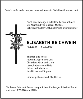 Traueranzeige von Elisabeth Reichwein von RMZ