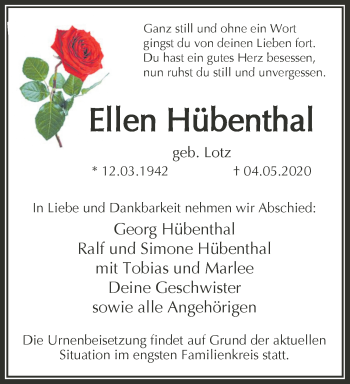 Traueranzeige von Ellen Hübenthal von RMZ