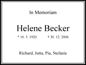 Traueranzeige von Helene Becker von RMZ