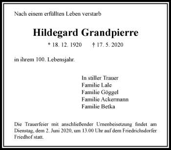 Traueranzeige von Hildegard Grandpierre von RMZ