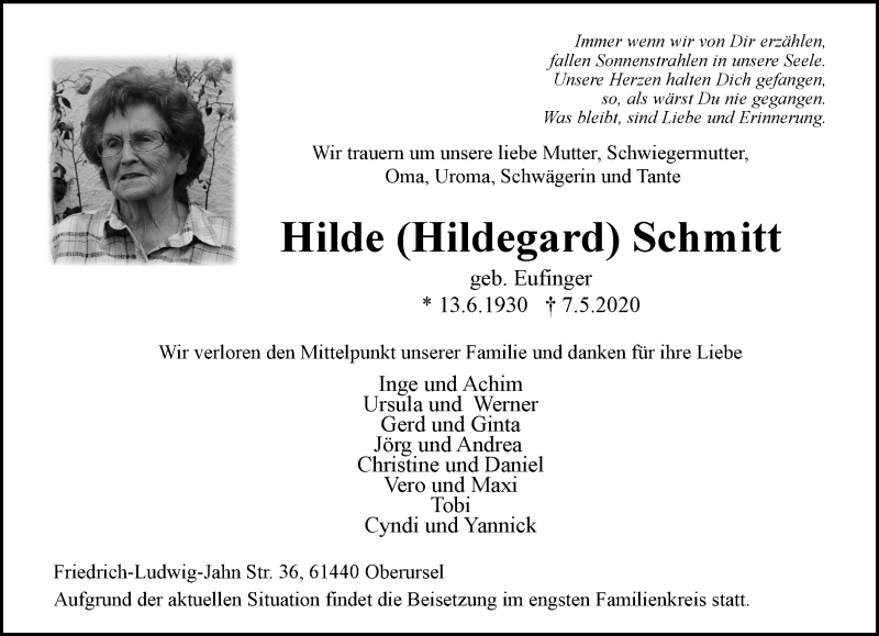  Traueranzeige für Hildegard Schmitt vom 16.05.2020 aus RMZ