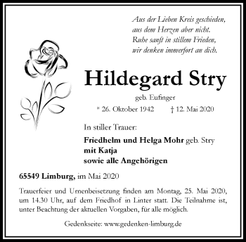 Traueranzeige von Hildegard Stry von RMZ
