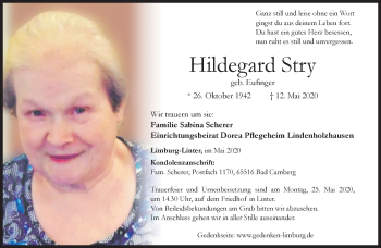 Traueranzeige von Hildegard Stry von RMZ