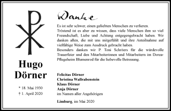 Traueranzeige von Hugo Dörner von RMZ