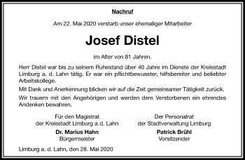 Traueranzeige von Josef Distel von RMZ