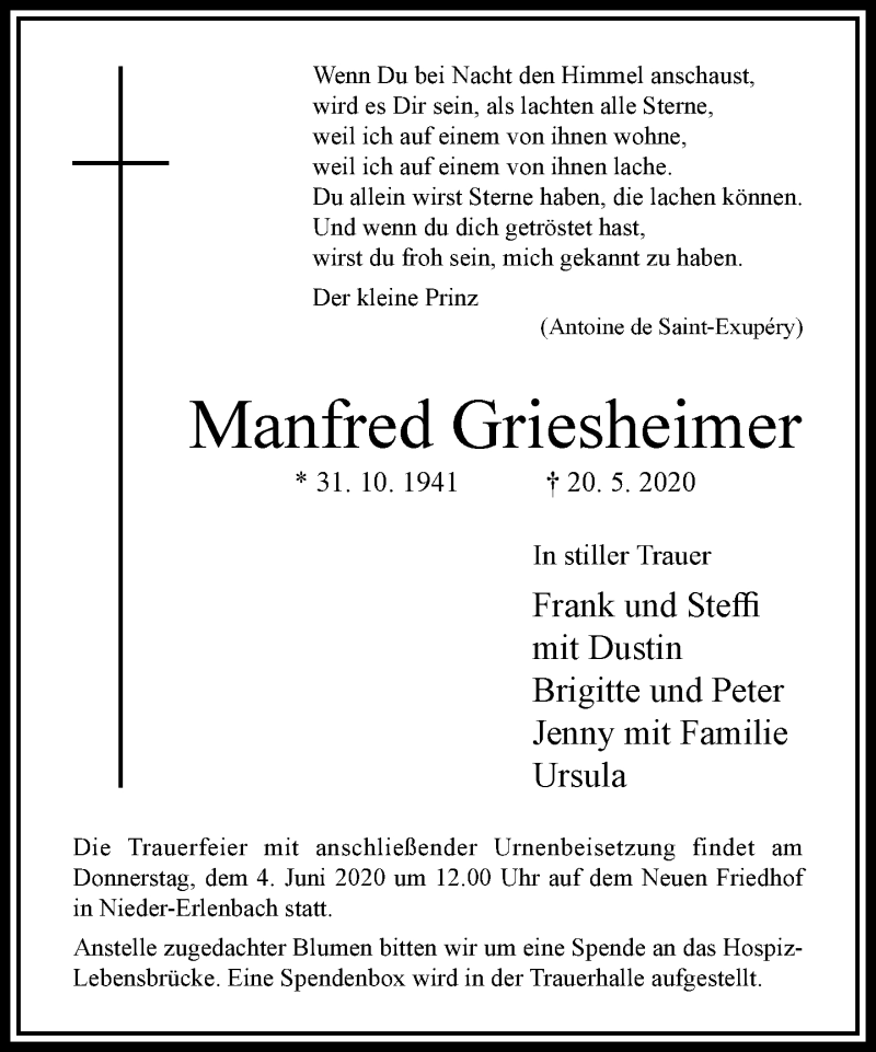  Traueranzeige für Manfred Griesheimer vom 27.05.2020 aus RMZ