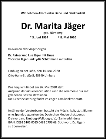 Traueranzeige von Marita Jäger von RMZ