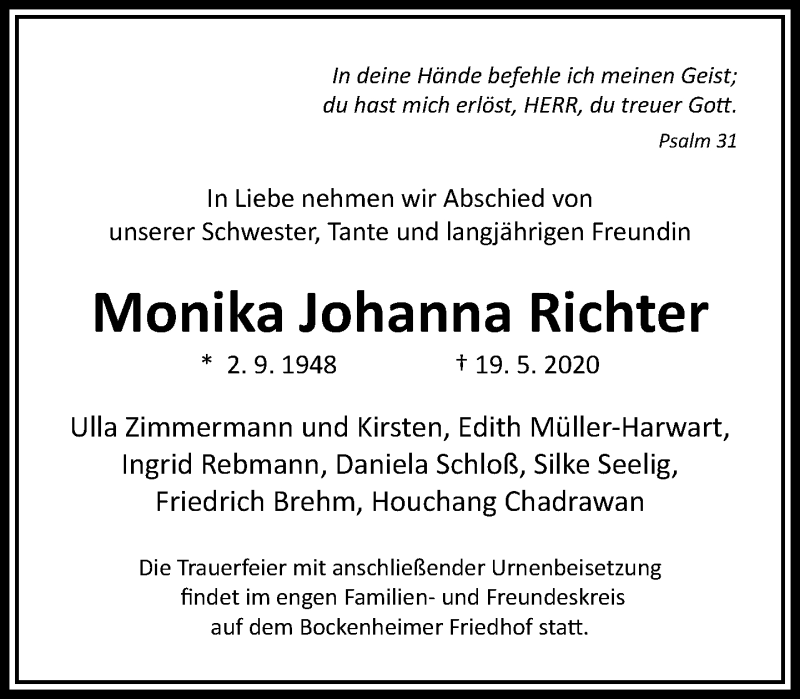  Traueranzeige für Monika Johanna Richter vom 29.05.2020 aus RMZ