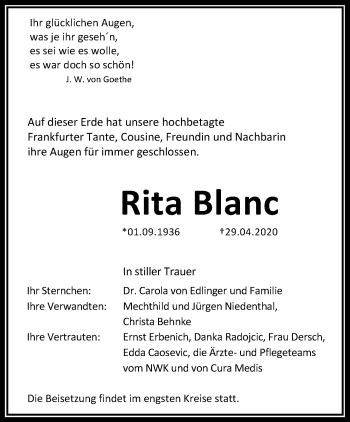 Traueranzeige von Rita Blanc von RMZ