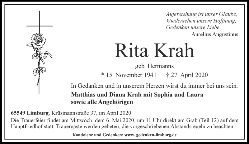  Traueranzeige für Rita Krah vom 02.05.2020 aus RMZ