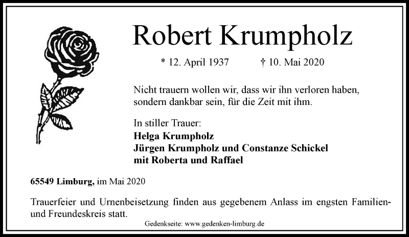 Traueranzeige für Robert Krumpholz vom 16.05.2020 aus RMZ