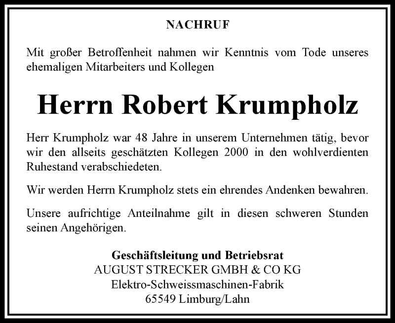  Traueranzeige für Robert Krumpholz vom 19.05.2020 aus RMZ