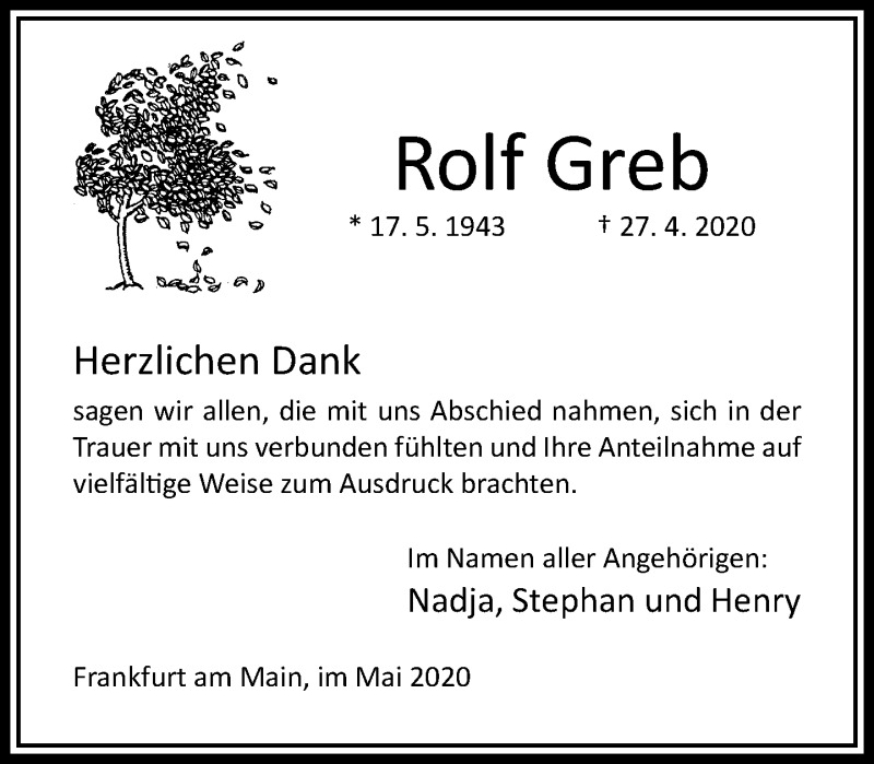  Traueranzeige für Rolf Greb vom 16.05.2020 aus RMZ
