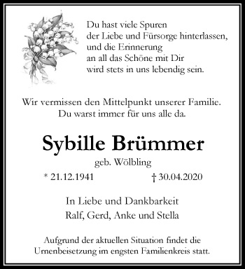 Traueranzeige von Sybille Brümmer von RMZ