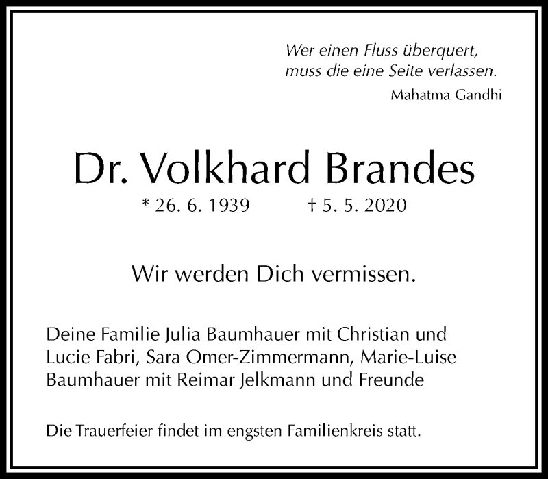  Traueranzeige für Volkhard Brandes vom 09.05.2020 aus RMZ