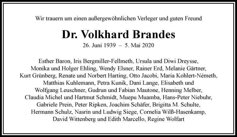  Traueranzeige für Volkhard Brandes vom 12.05.2020 aus RMZ