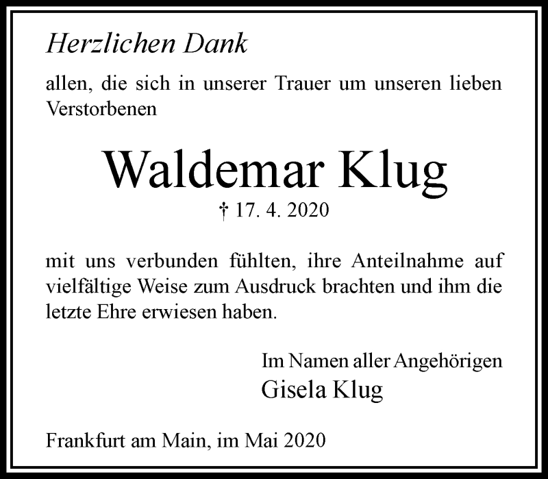  Traueranzeige für Waldemar Klug vom 23.05.2020 aus RMZ