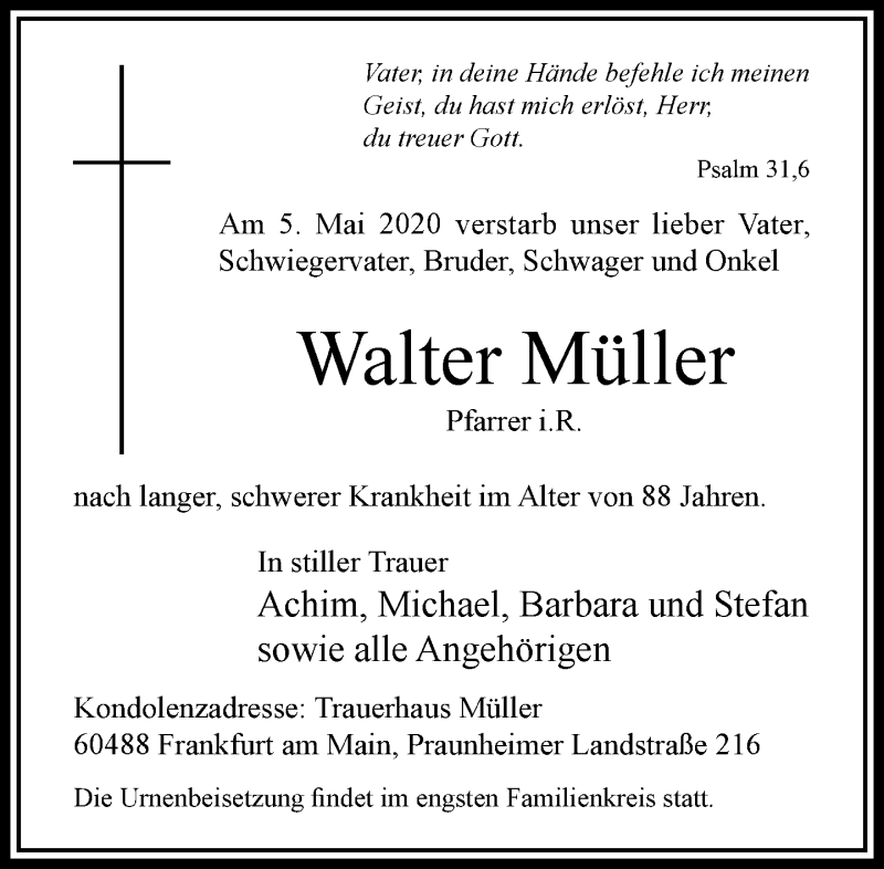  Traueranzeige für Walter Müller vom 09.05.2020 aus RMZ