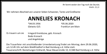 Traueranzeige von Annelies Kronach von RMZ