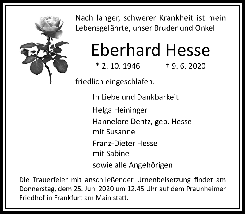  Traueranzeige für Eberhard Hesse vom 20.06.2020 aus RMZ
