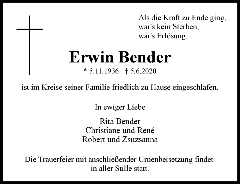  Traueranzeige für Erwin Bender vom 10.06.2020 aus RMZ