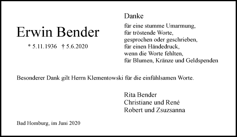  Traueranzeige für Erwin Bender vom 27.06.2020 aus RMZ