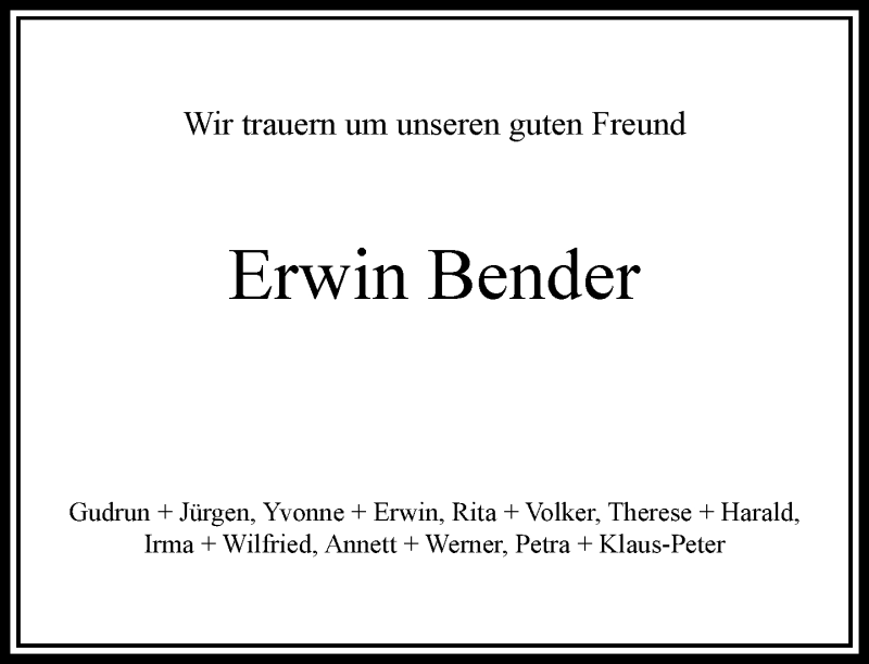  Traueranzeige für Erwin Bender vom 10.06.2020 aus RMZ