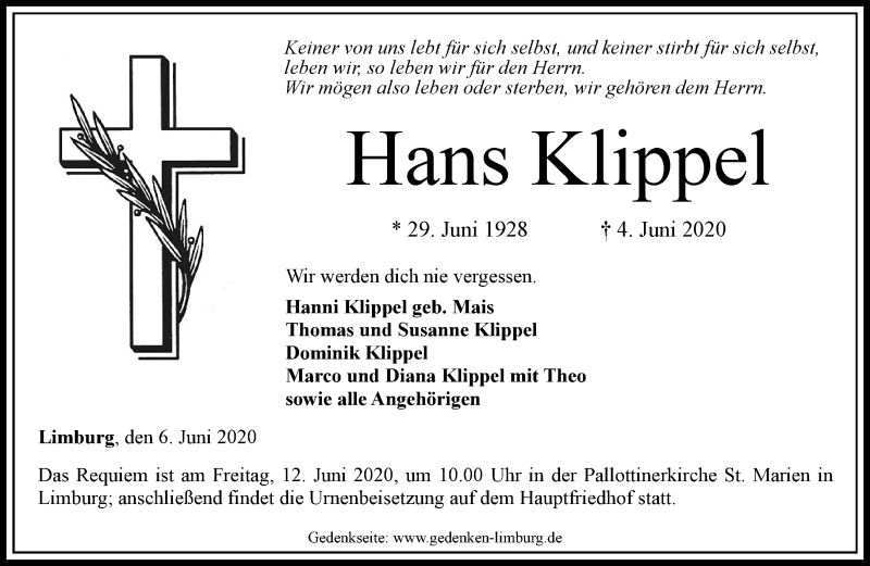  Traueranzeige für Hans Klippel vom 06.06.2020 aus RMZ