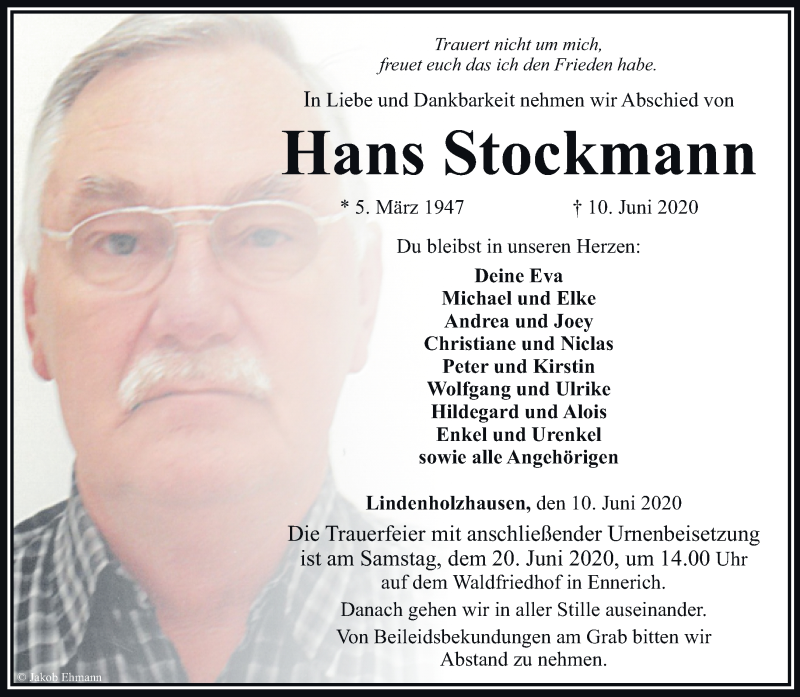  Traueranzeige für Hans Stockmann vom 17.06.2020 aus RMZ