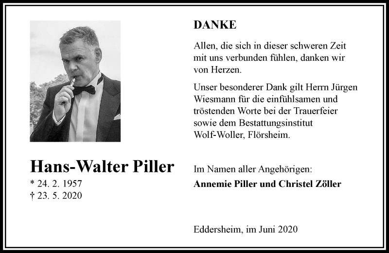  Traueranzeige für Hans-Walter Piller vom 06.06.2020 aus RMZ