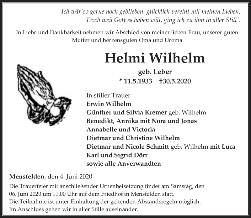 Traueranzeige für Helmi Wilhelm vom 04.06.2020 aus RMZ