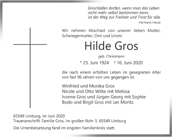 Traueranzeige von Hilde Gros von RMZ