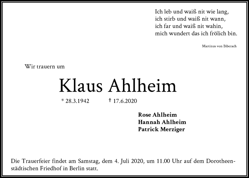  Traueranzeige für Klaus Ahlheim vom 23.06.2020 aus RMZ
